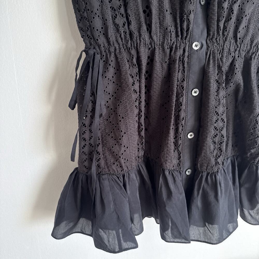 THAKOON Black Eyelet Lace Ruffle Hem Button Down Silk Cotton Mini Shirt Dress 0 - Picture 4 of 15
